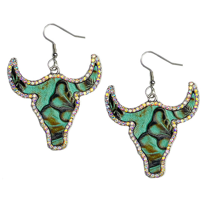 Vintage Embossed Leather Earrings with Rhinestone Bullhead Design