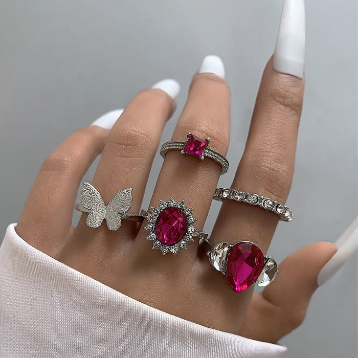 Pink Mushroom and Star Ring Set - 7-Piece Butterfly and Heart Rings for Women