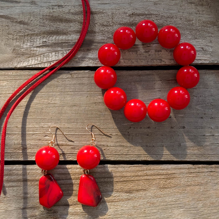 Conjunto de collar con lazo de rosa roja y pulsera de cuentas acrílicas: joyas para mujer con aretes a juego