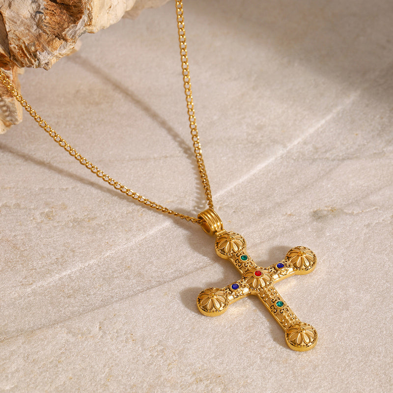 Stainless steel diamond cross necklace fashion sweater chain titanium steel necklace - wallojewerly 
