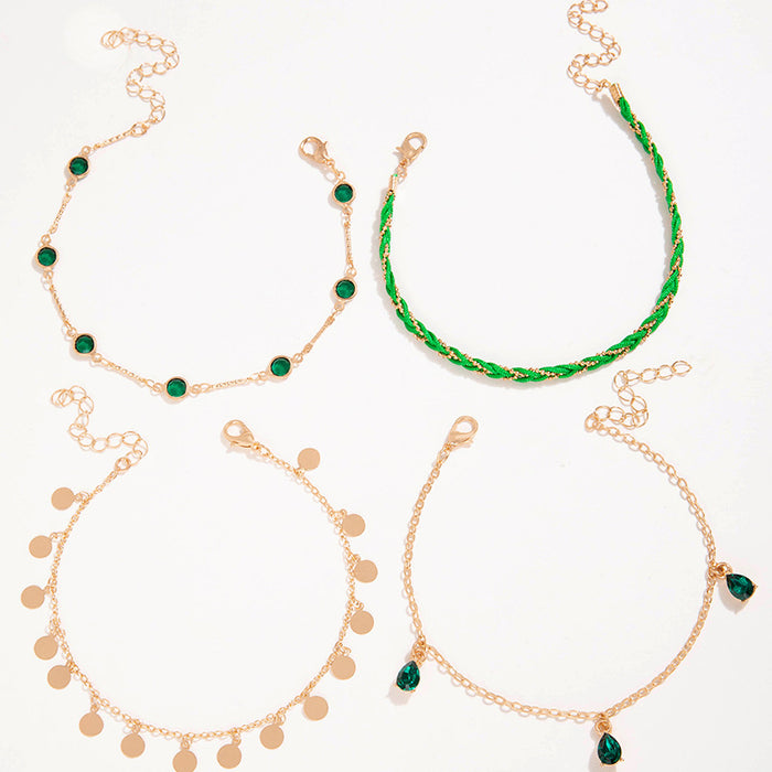 Green Rhinestone Tassel Anklet Set - Multilayer Boho Style Jewelry