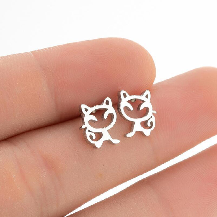 Cat Stainless Steel Hollow Stud Earrings - Cute and Playful Animal Jewelry