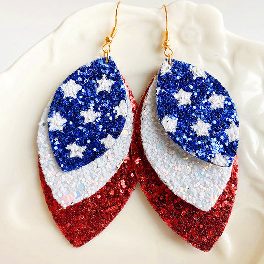 Independence Day American Flag Leather Earrings with Feather and Mesh Design