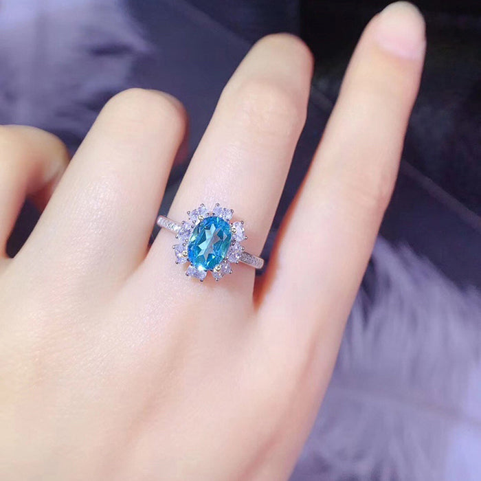 Colored Gemstone Series Ring Sea Blue Zircon Women's Ring Fashionable Tik Tok Live Broadcasting Model