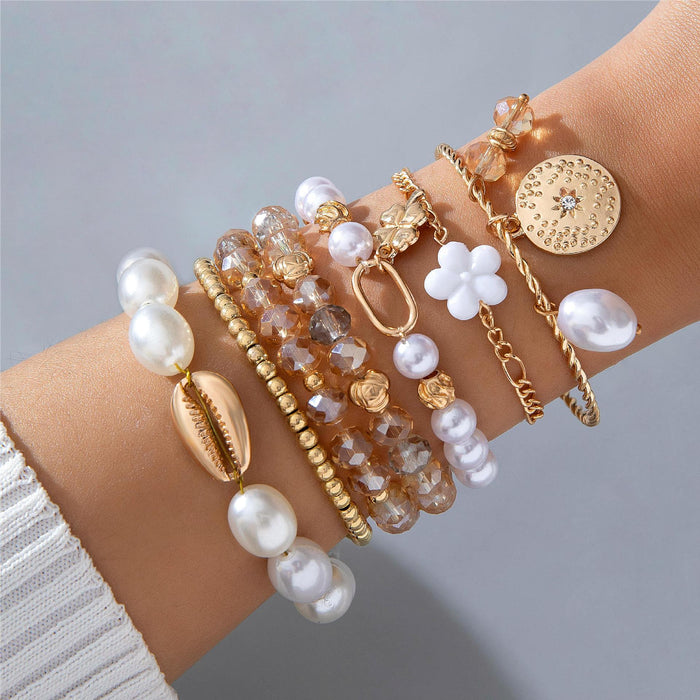 Bohemian Flower Shell Layered Pearl Beaded Bracelet Set - Elegant Jewelry for Women