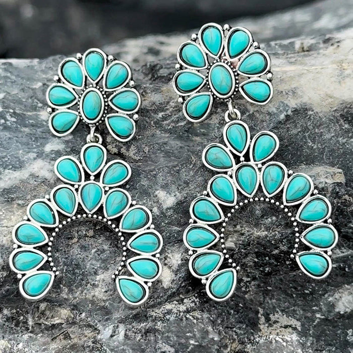 Turquoise earrings vintage fan-shaped hollow earrings