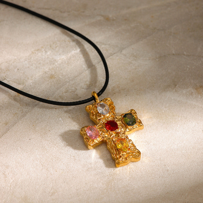 18K Gold-Plated Wax Cord Necklace - Hammered Cross with Colorful Zircon Inlay, Popular Design - wallojewerly 