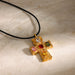 18K Gold-Plated Wax Cord Necklace - Hammered Cross with Colorful Zircon Inlay, Popular Design - wallojewerly 