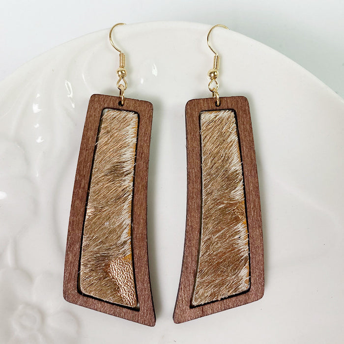 Bohemian Geometric Earrings with Leopard Print and Gold Dots on Cowhide Leather and Wood