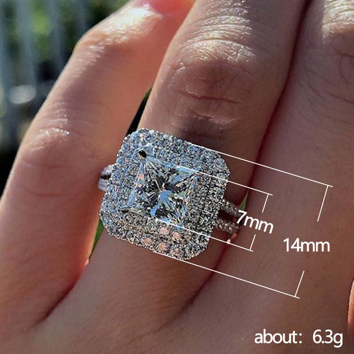 White gold plated geometric square zircon ring double layer design ring