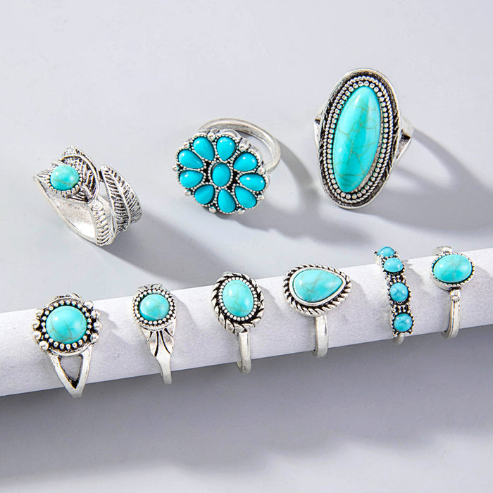 Vintage Turquoise Ring Set - 9pcs Exaggerated Oval Cactus Rings