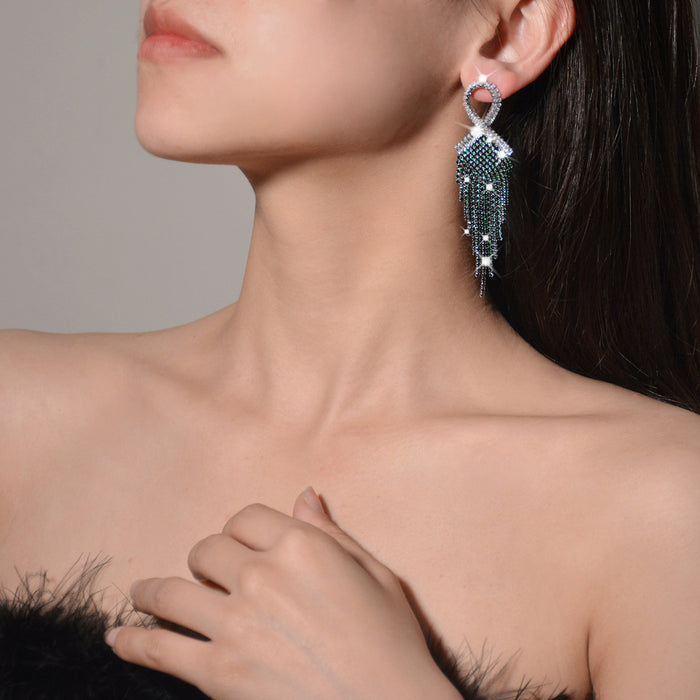 Silver Needle Rhinestone Tassel Earrings - Exaggerated Vintage Dangles for a Bold Look - wallojewerly 