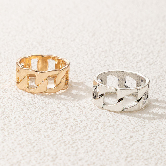 Chain Hollow Geometric Couple Ring 2-Piece Set