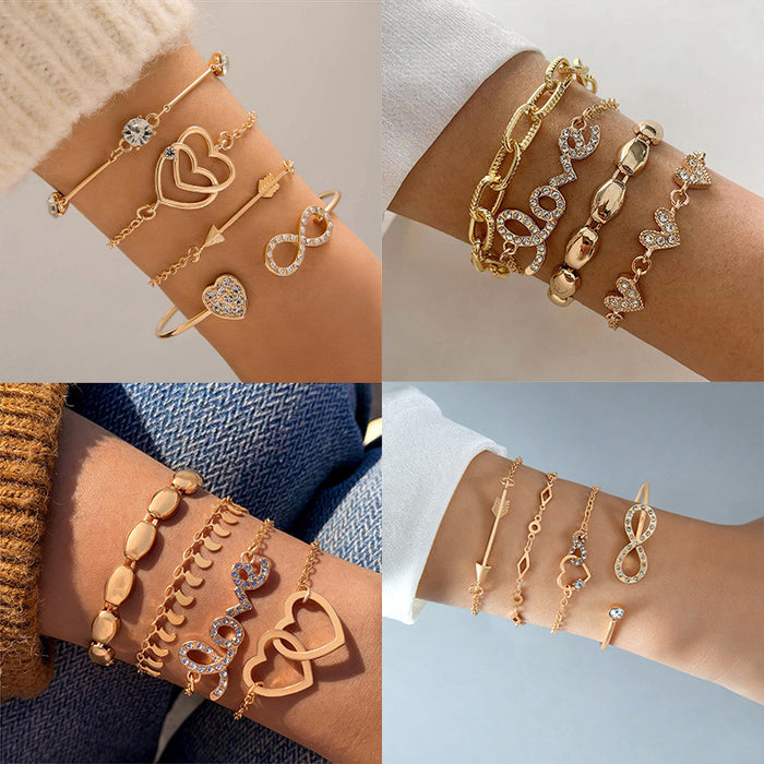 Juego de pulseras multicapa con forma de corazón de diamantes: diseño creativo de letras de amor