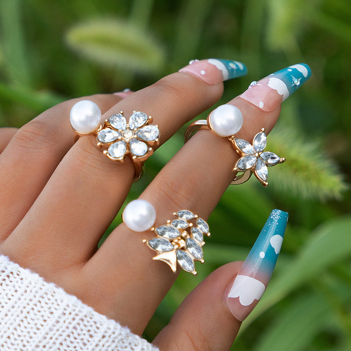 Conjunto de anillo abierto con diamantes y flores, conjunto de tres piezas con perlas irregulares geométricas