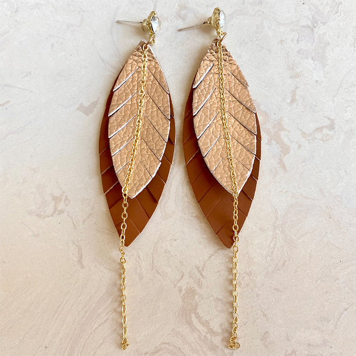 Multi-Layer Leather Earrings with Morandi Colors and Feather Chain Design