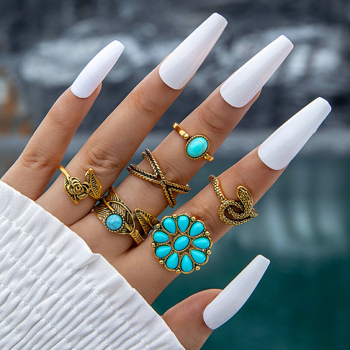 Vintage Turquoise Flower Feather Ring Set - 6pcs Punk Snake Rings