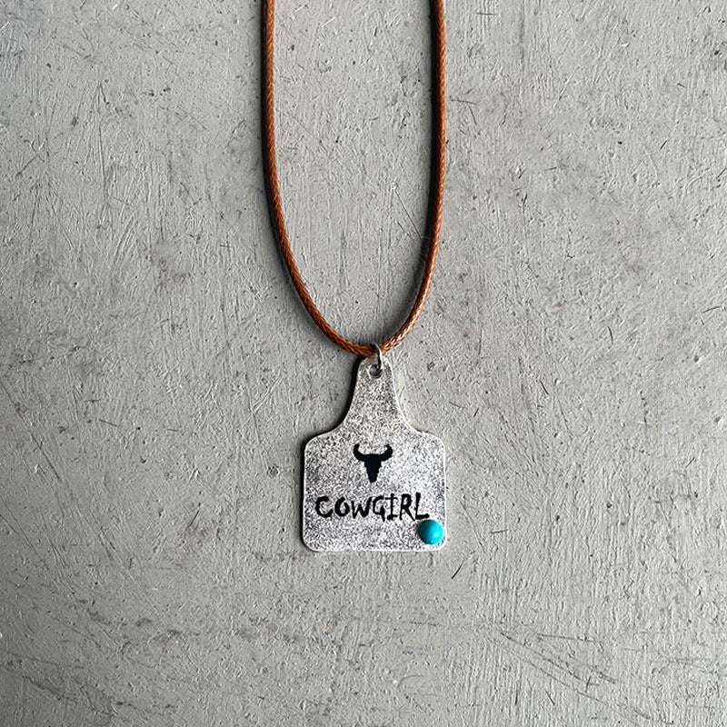 Western Cowboy Necklace with Vintage Cactus, Bull Head, Horseshoe, and Turquoise on Leather