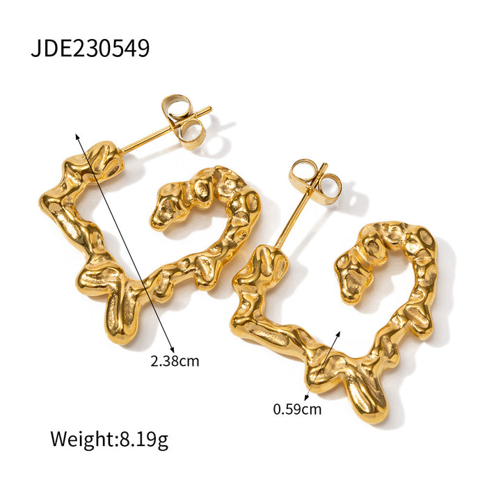 18K Gold Stainless Steel Lava Textured Heart Earrings - Non-Fading Jewelry for Women