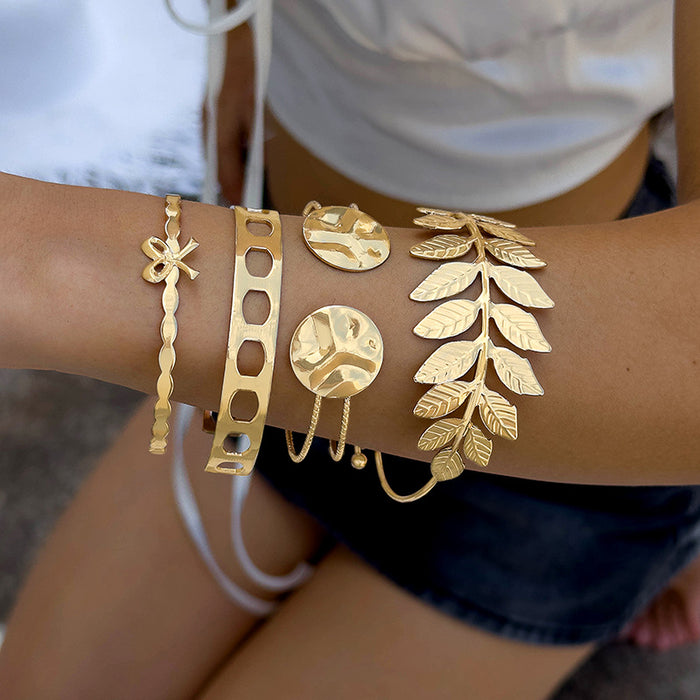 Vintage Leaf Bracelet Set - Four-Piece Jewelry with Geometric and Butterfly Accents