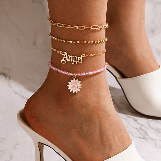 Daisy Enamel Beaded Anklet Set with Geometric Letter Quadruple-Layer Design