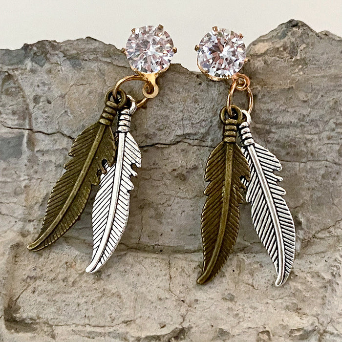 Western Vintage Feather Earrings with Zircon Long Pendant Design