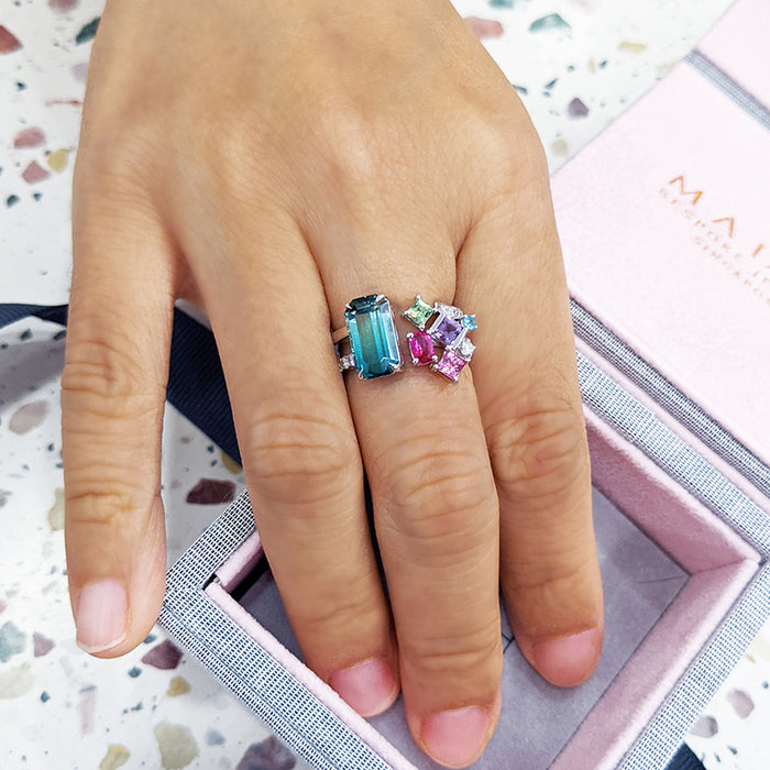 Geometric zircon ring for women, exaggerated design, colorful open ring