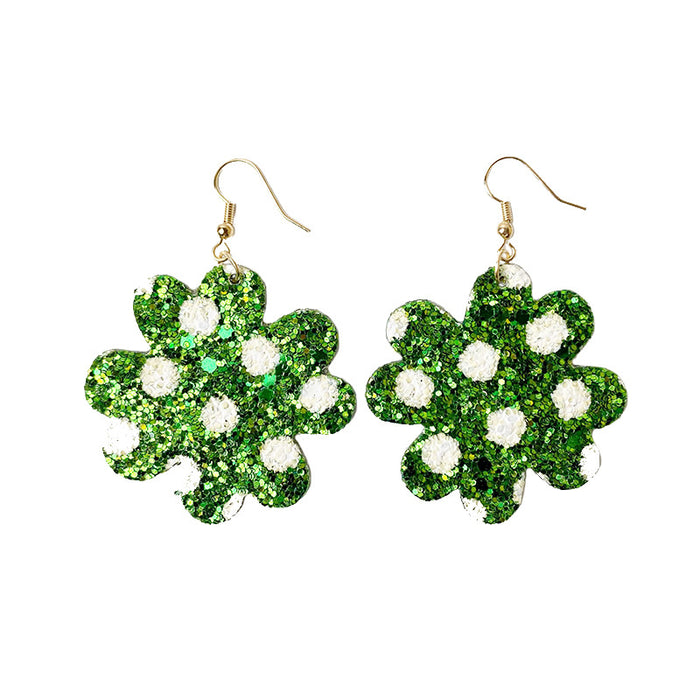 St. Patrick's Day Glitter Earrings with Green Polka Dot and Leather Flower