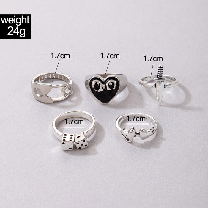 Creative metal heart sword retro ring five-piece set