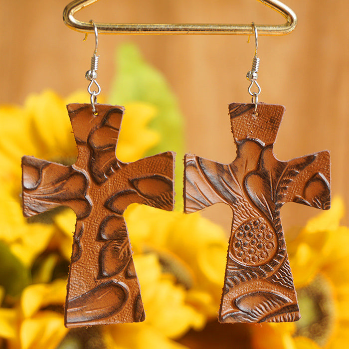 Vintage Embossed Leather Cross Earrings with Western Religious Style