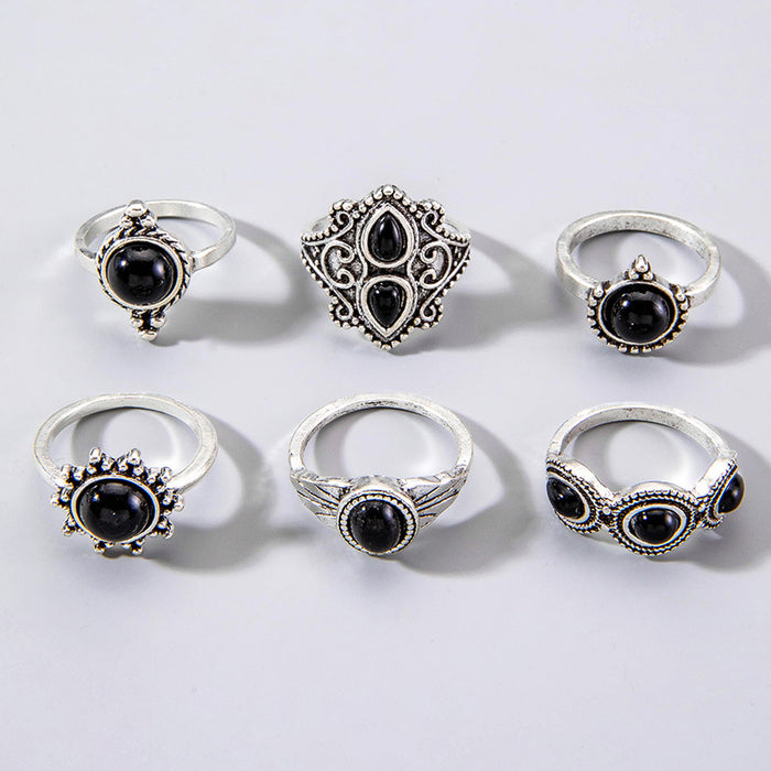 Retro Black Gemstone Eye Ring Set - Geometric Six-Piece Set