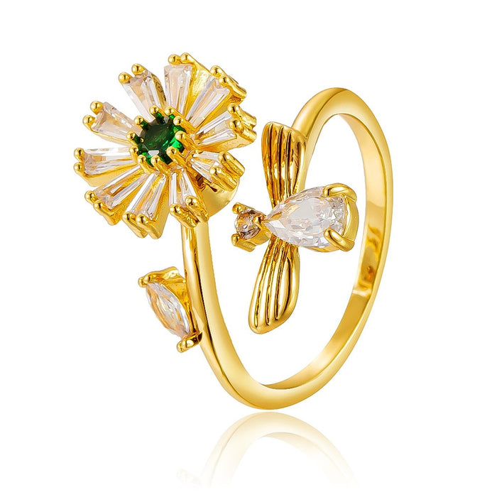 Wholesale copper micro-painted zircon bee and daisy rotating open ring