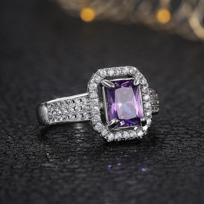 Anillo cuadrado de doble capa con topacio y diamante morado