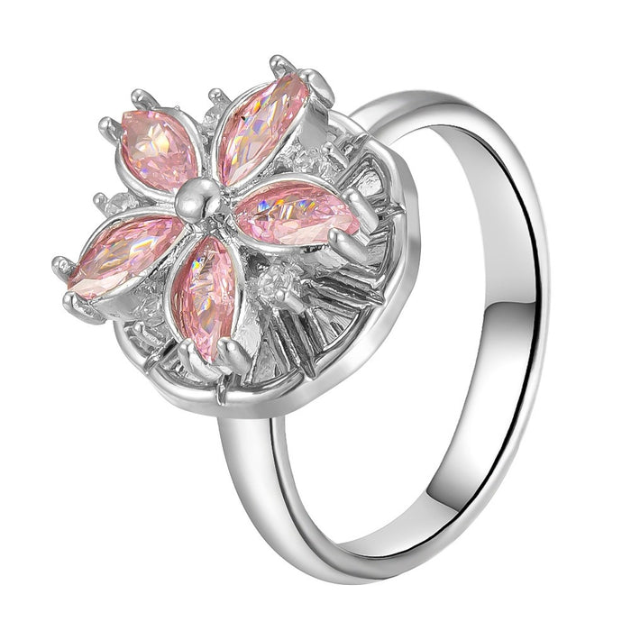 Wholesale 18K real gold plated pink cherry blossom 360-degree rotating ring