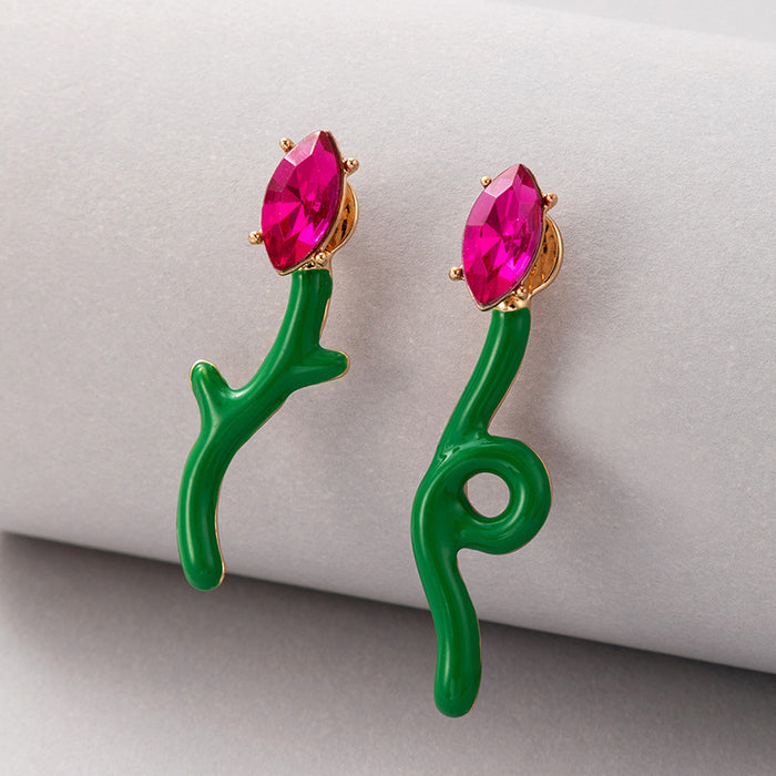 Pink diamond floral geometric irregular personality earrings