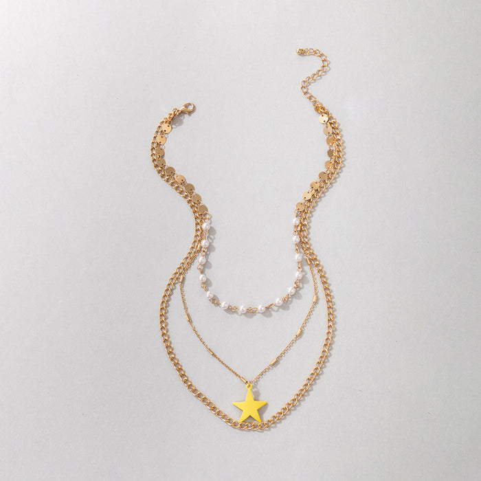 Yellow Painted Star Triple-Layer Necklace - Pearl Geometric Round Piece Multilayer Choker