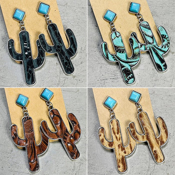 Vintage Cactus Leather Earrings with Turquoise Design