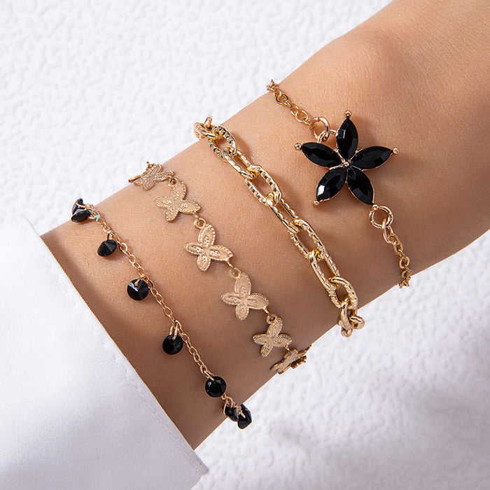 Black Rhinestone Petal Bracelet Set - Five-Piece Sweet Punk Jewelry