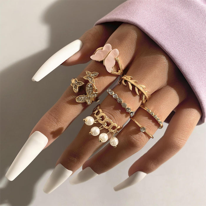 Pink Mushroom and Star Ring Set - 7-Piece Butterfly and Heart Rings for Women