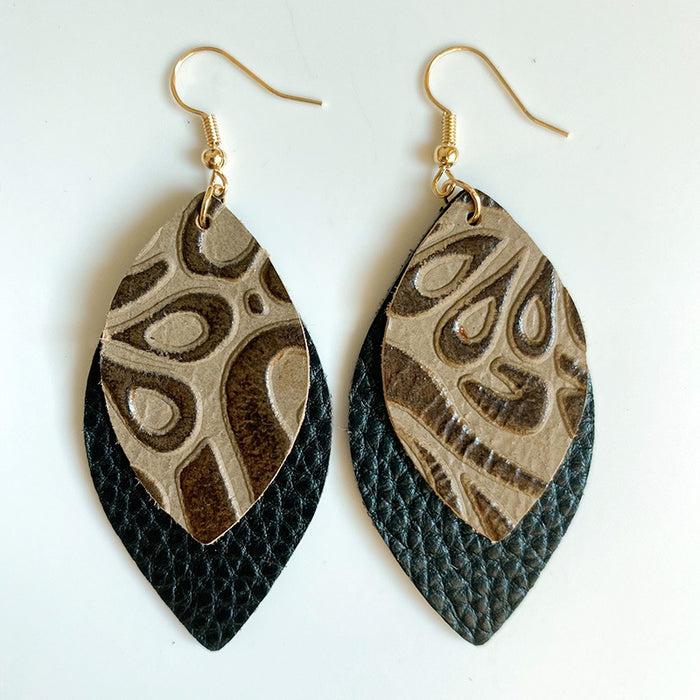 Vintage Embossed Cowhide Earrings with Turquoise and High-Quality Texture