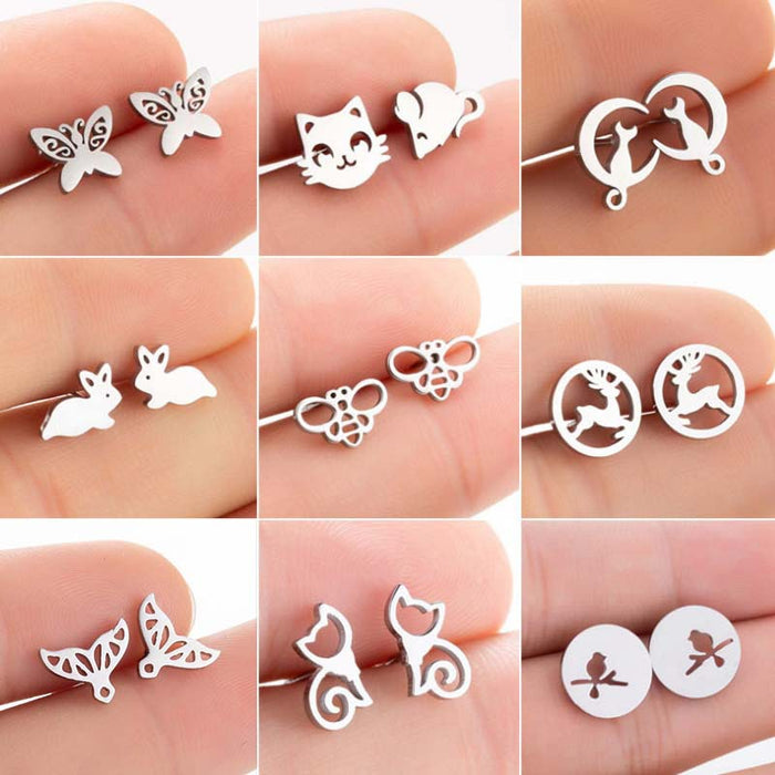 Rabbit and Cat Stainless Steel Earrings - Cute and Playful Animal Jewelry