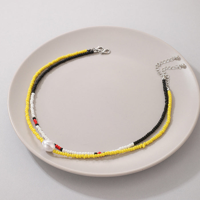 Bohemian Style Black-White-Red Contrast Color Necklace with Yellow Beads and Acrylic Pearls