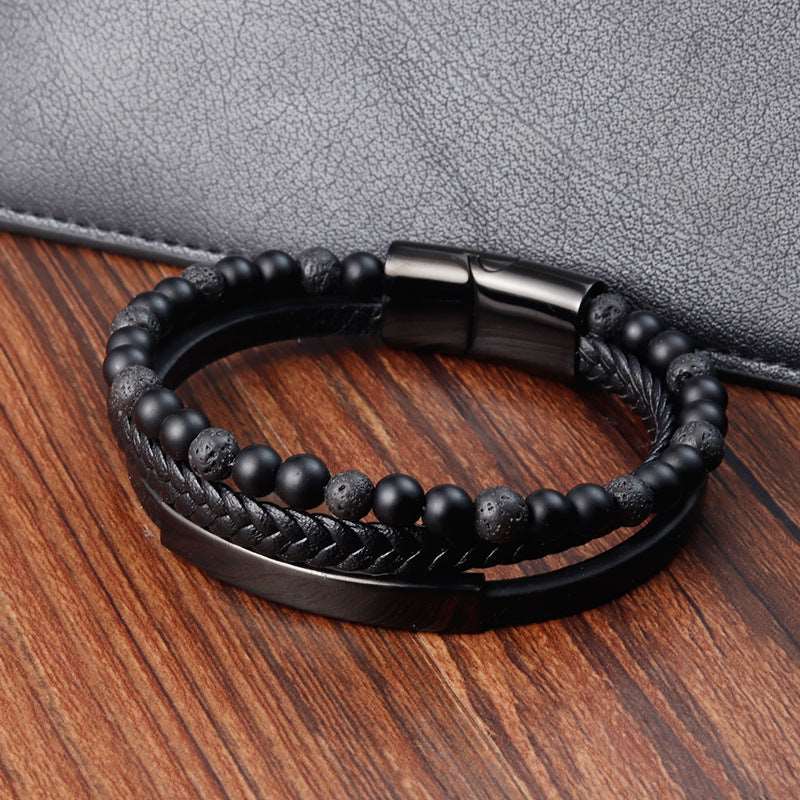 Bracelet Stainless Steel Leather Woven Natural Stone