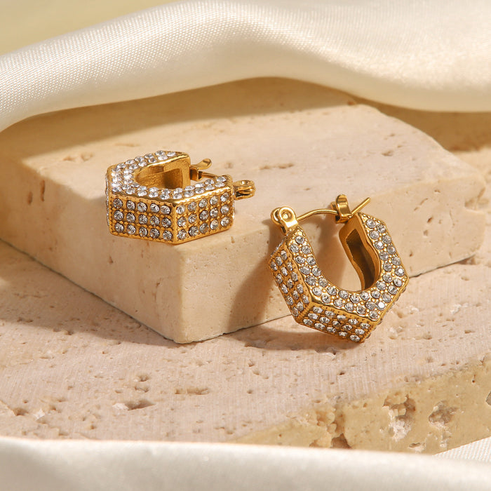 French Style 18K Gold Geometric White Zircon Earrings - High-End Hollow Titanium Steel Earrings