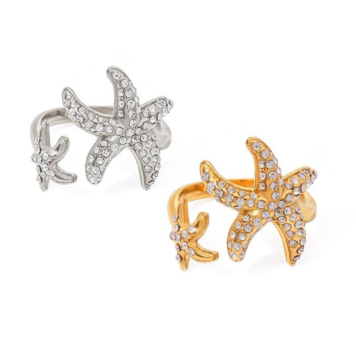 Stainless steel starfish open ring with full diamonds