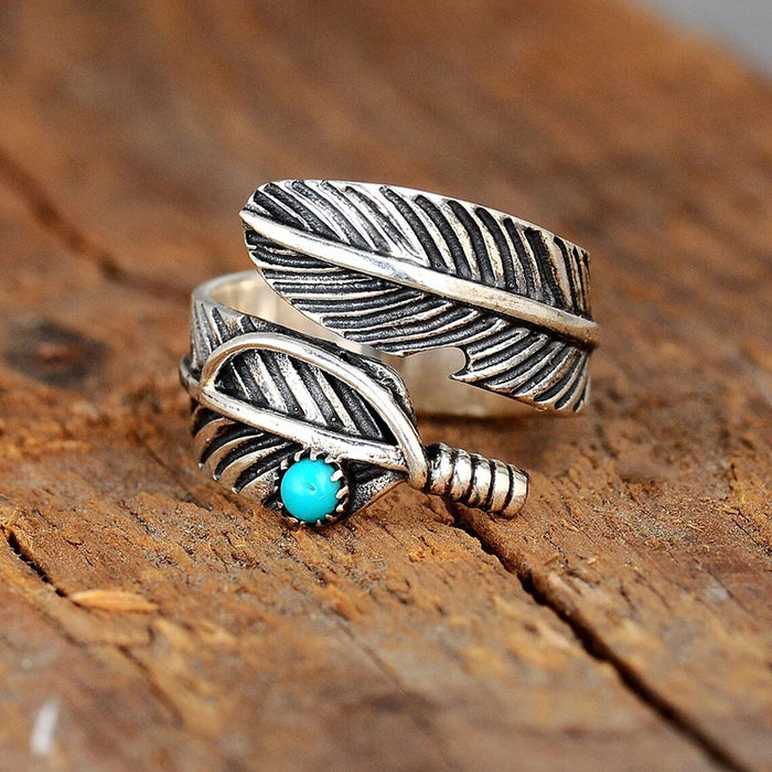 Women's open adjustable imitation turquoise feather texture ring