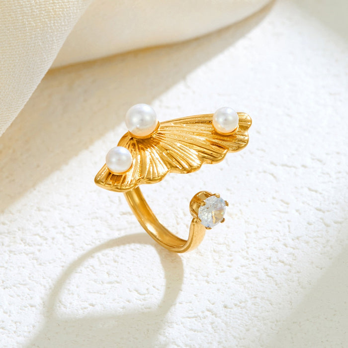 Wholesale stainless steel hydraulic ginkgo leaf inlaid pearl open ring