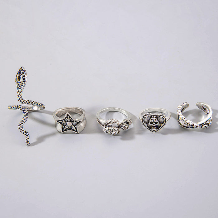 Punk Snake Skull Ring Set - Dark Five-Piece Set for Women