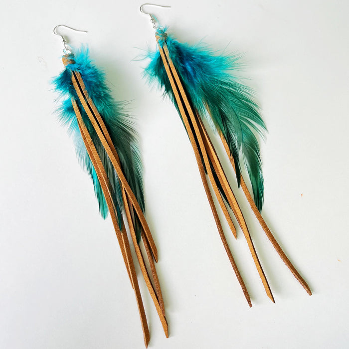 Bohemian Leather Tassel Earrings with Natural Feather Design