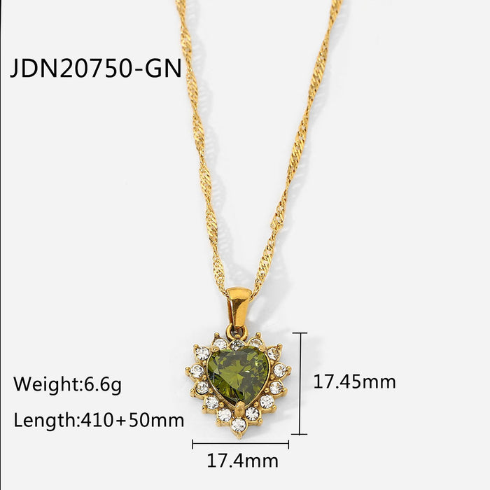 Heart Zircon Necklace for Women - 18K Gold-Plated Stainless Steel with Green, Pink, and White Zircon Pendants